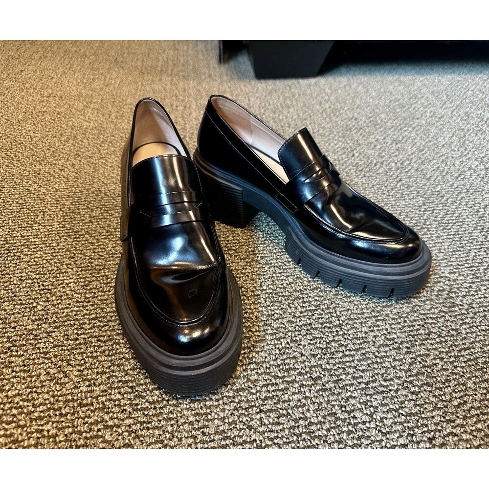 Stuart Weitzman Women Soho Leather Black Lug-Sole Platform Penny Loafers Sz 7.5B